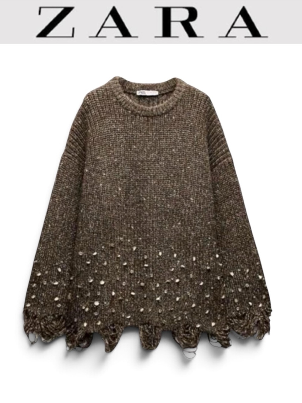 NWOT ZARA CHUNKY KNIT SEQUIN RHINESTONE SWEATER DISTRESSED HEM SPECKLED BROWN